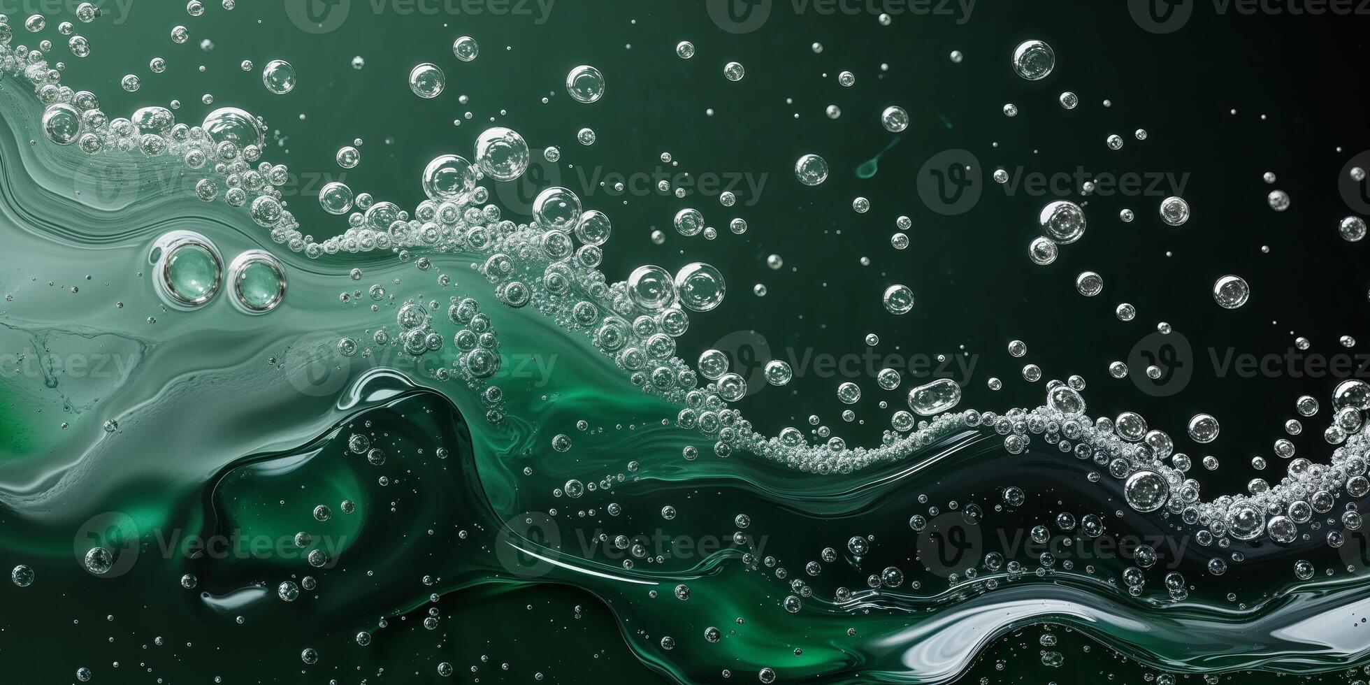 Green liquid with bubbles on a black background photo