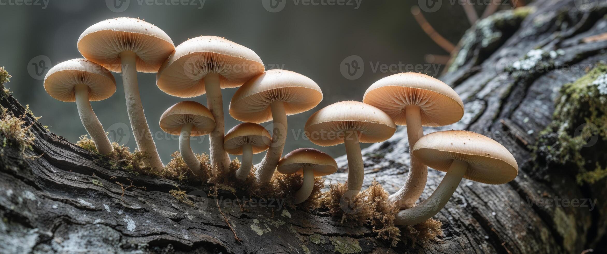 A group of mushrooms growing on a tree branch photo