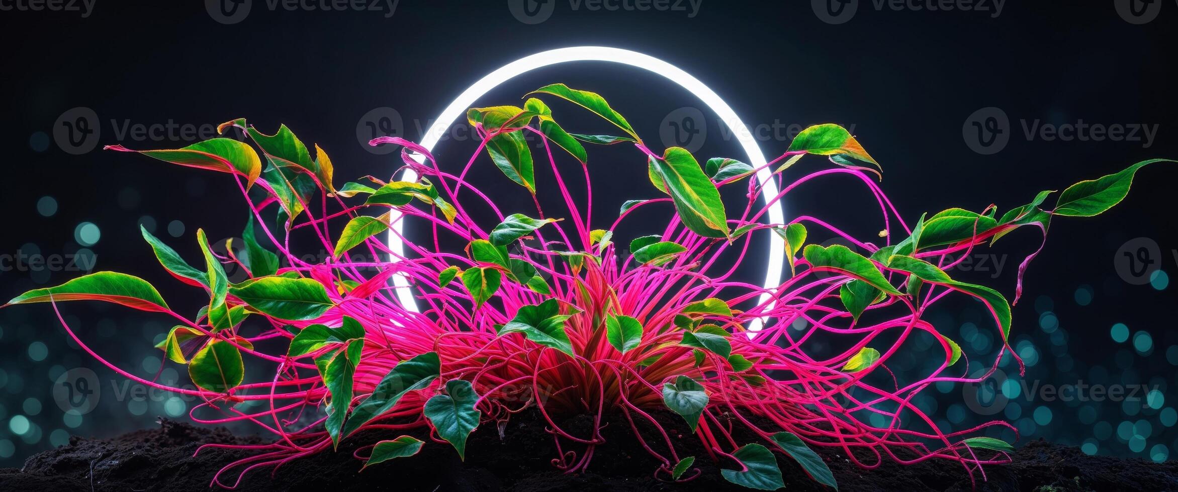 A plant with neon lights in the center photo