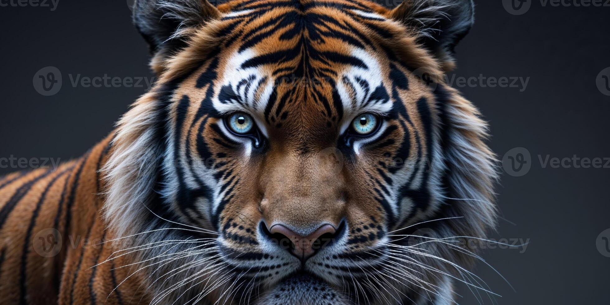 A tiger with blue eyes on a dark background photo