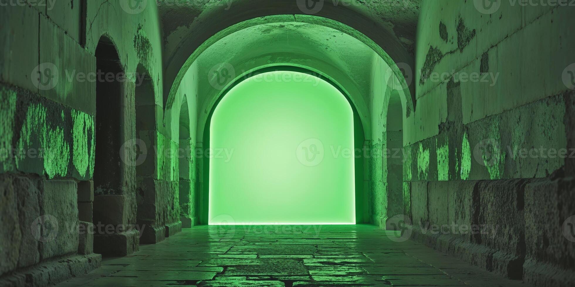 A green light is shining through a dark tunnel photo