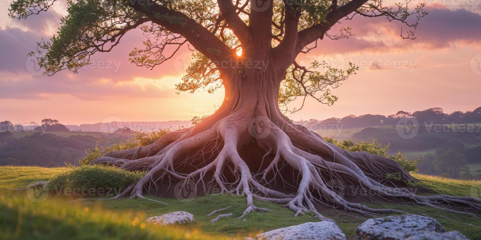A tree with roots in the grass at sunset photo