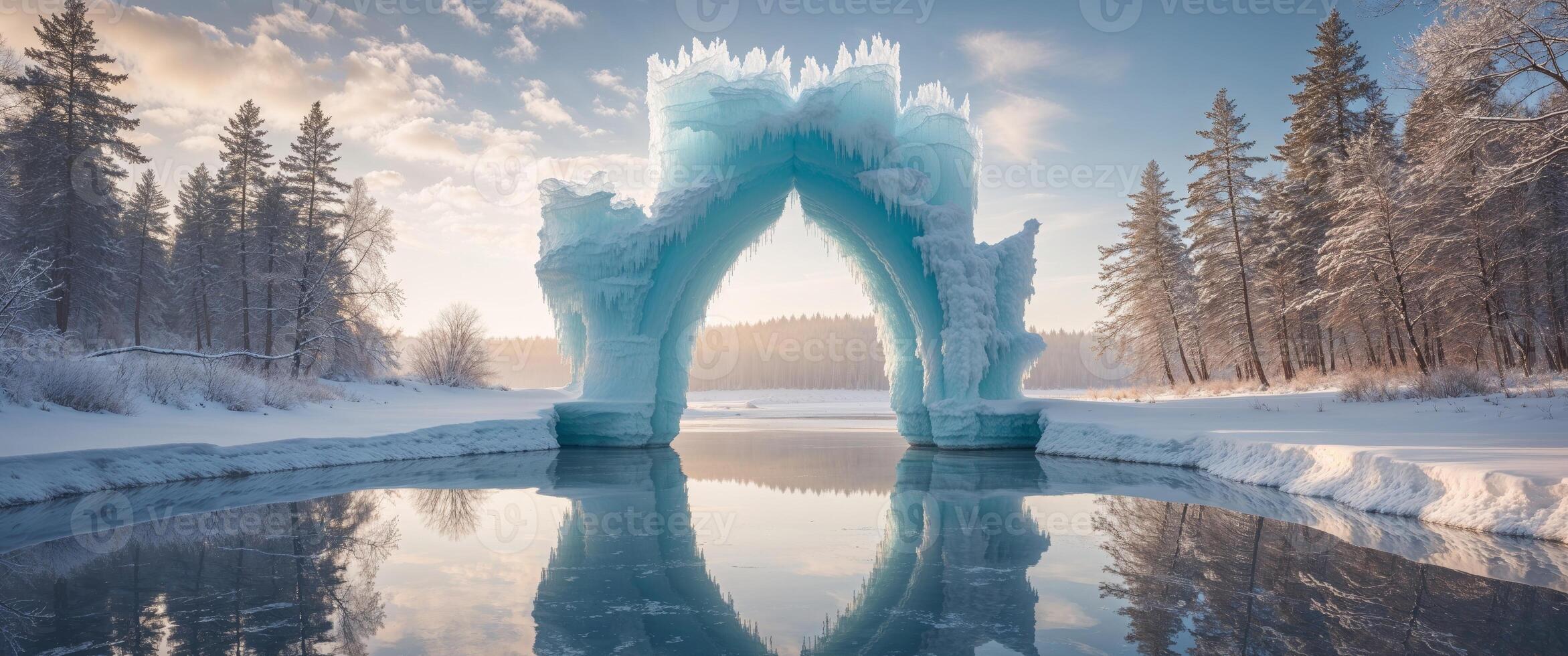 Stunning Ice Arch Over Reflection in a Winter Landscape Under Snowy Sky. photo