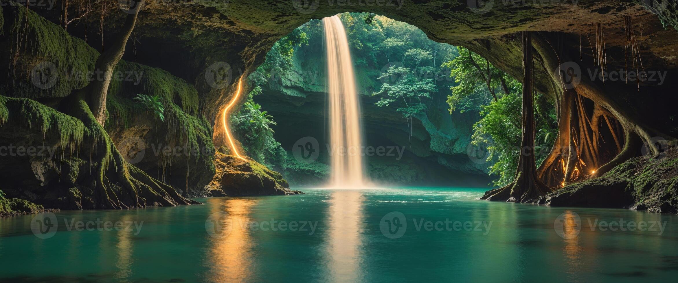 A magical hidden cave with a glowing waterfall flowing into a secret lagoon photo