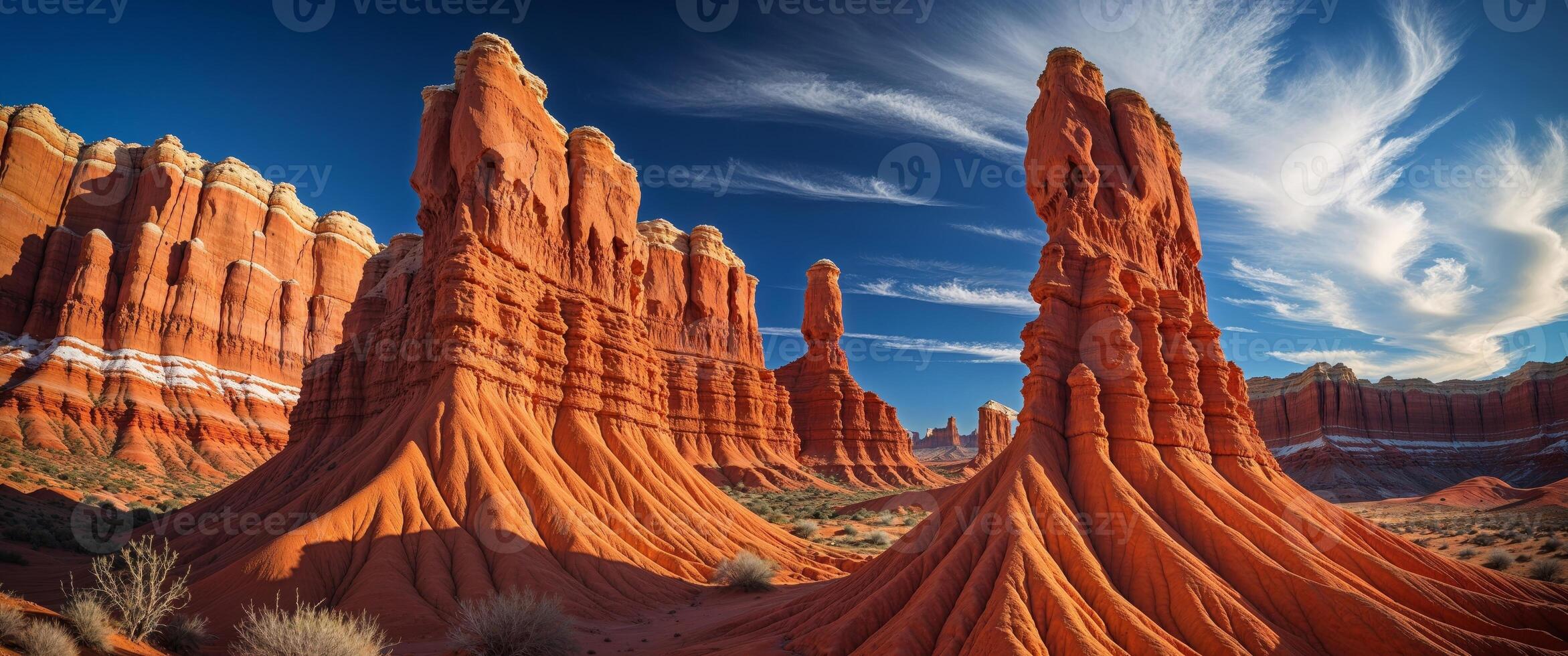 Stunning Desert Landscape with Dramatic Rock Formations Under Bright Sky photo