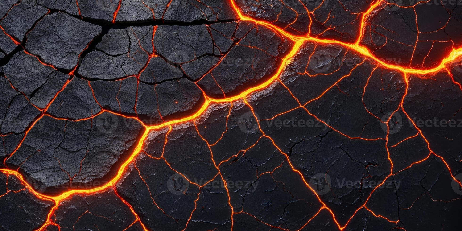 Cracked Black Stone Texture With Glowing Orange Lines of Lava Background. photo