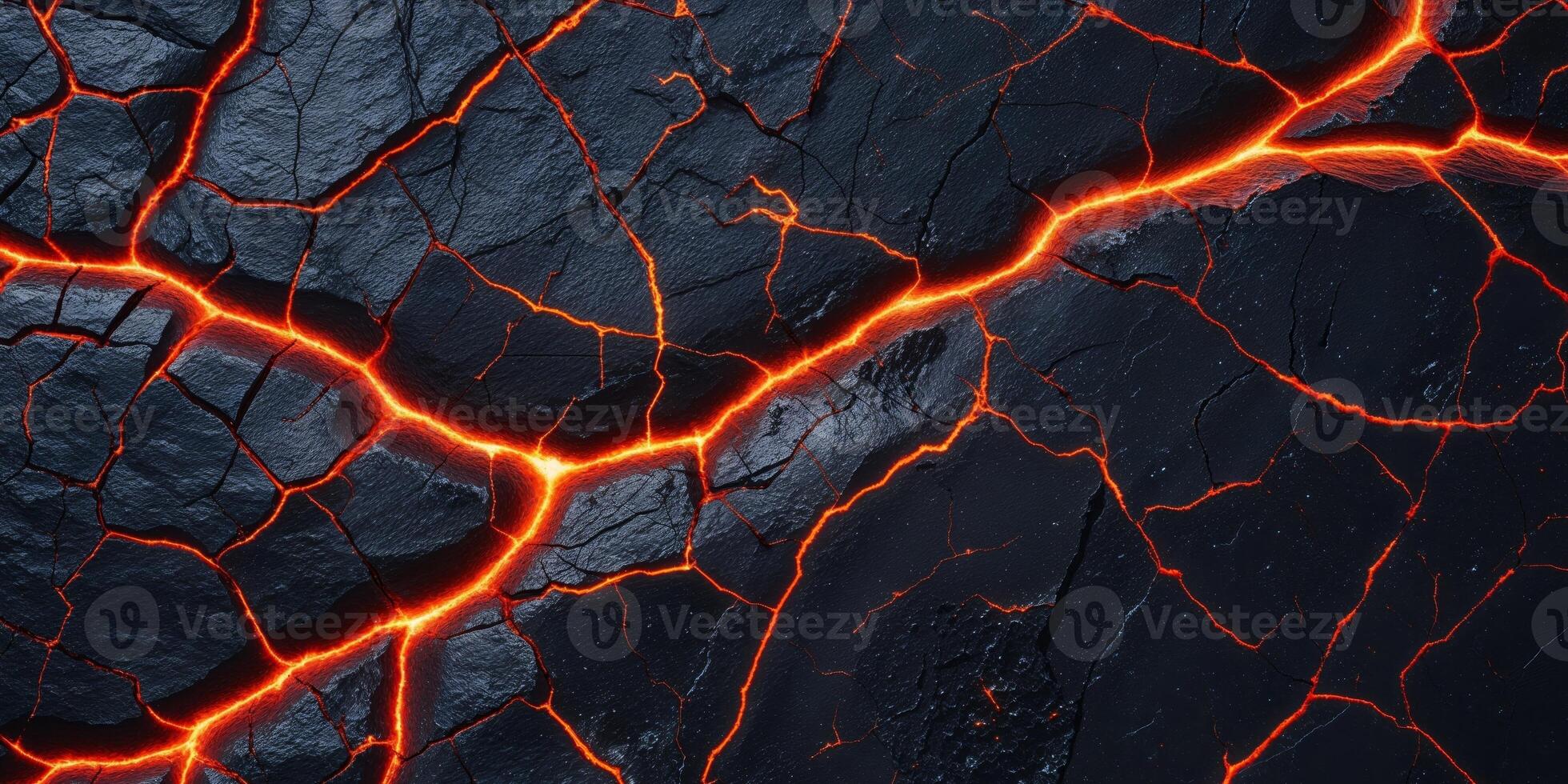 Cracked Black Stone Texture With Glowing Orange Lines of Lava Background photo