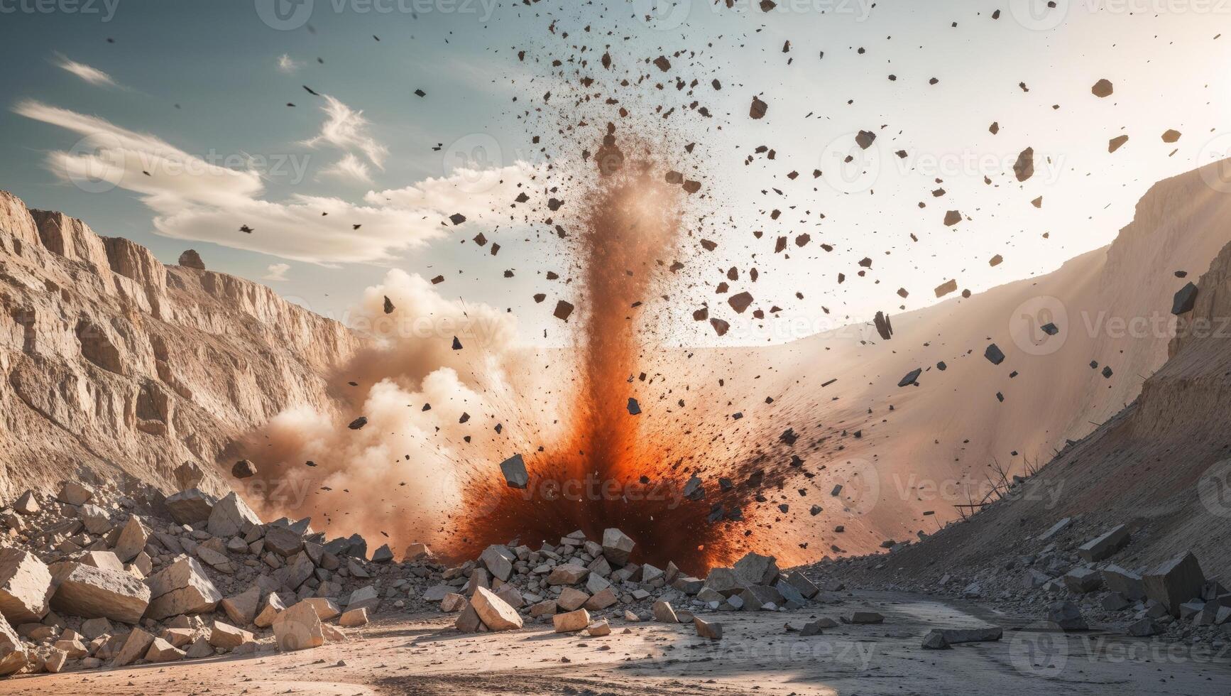 Explosive Demolition with flying rocks and debris in a quarry on a bright day photo