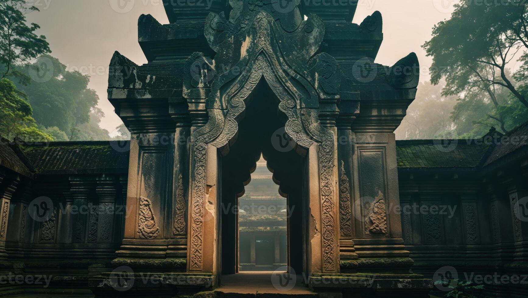 Mystical ancient stone temple entrance with intricate carvings and archway photo