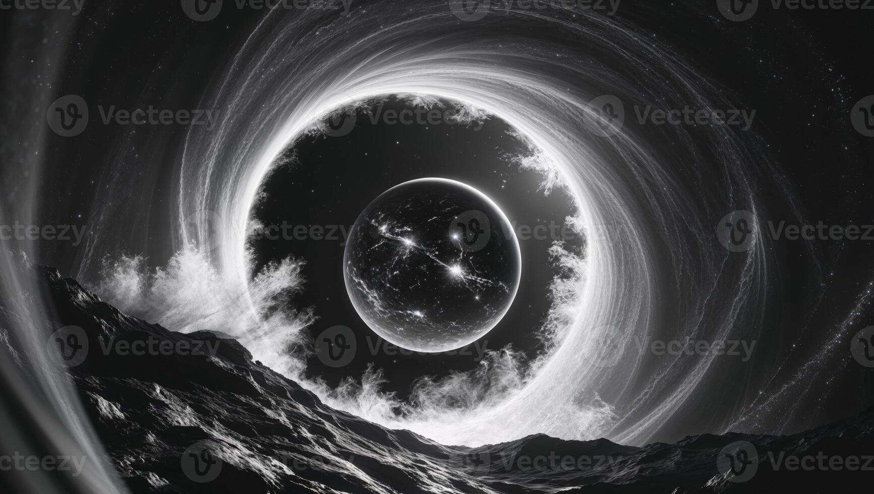 dark planet within swirling cosmic tunnel of light photo