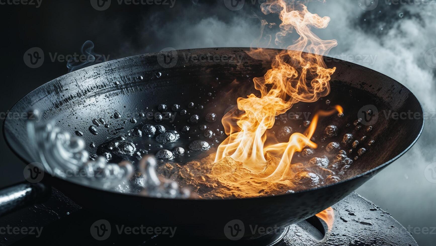 Boiling water and fire in a wok creating steam and bubbles photo