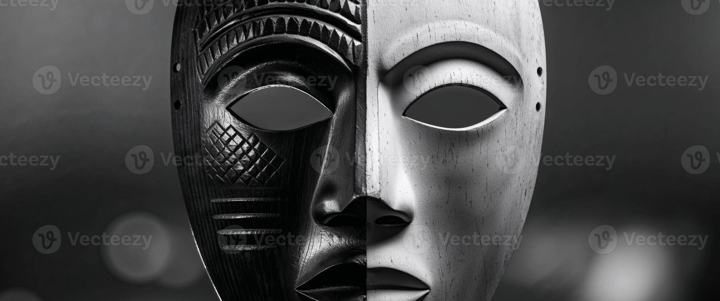 Wooden mask representing duality with half face light and half dark. photo