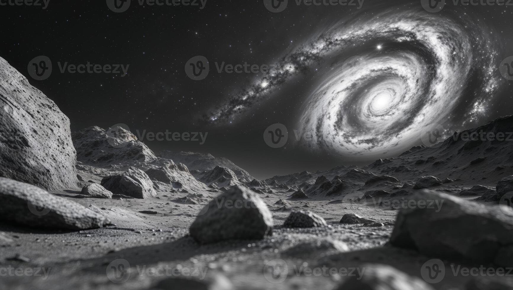 Cosmic swirl breathtaking view of galaxy from rocky alien landscape photo
