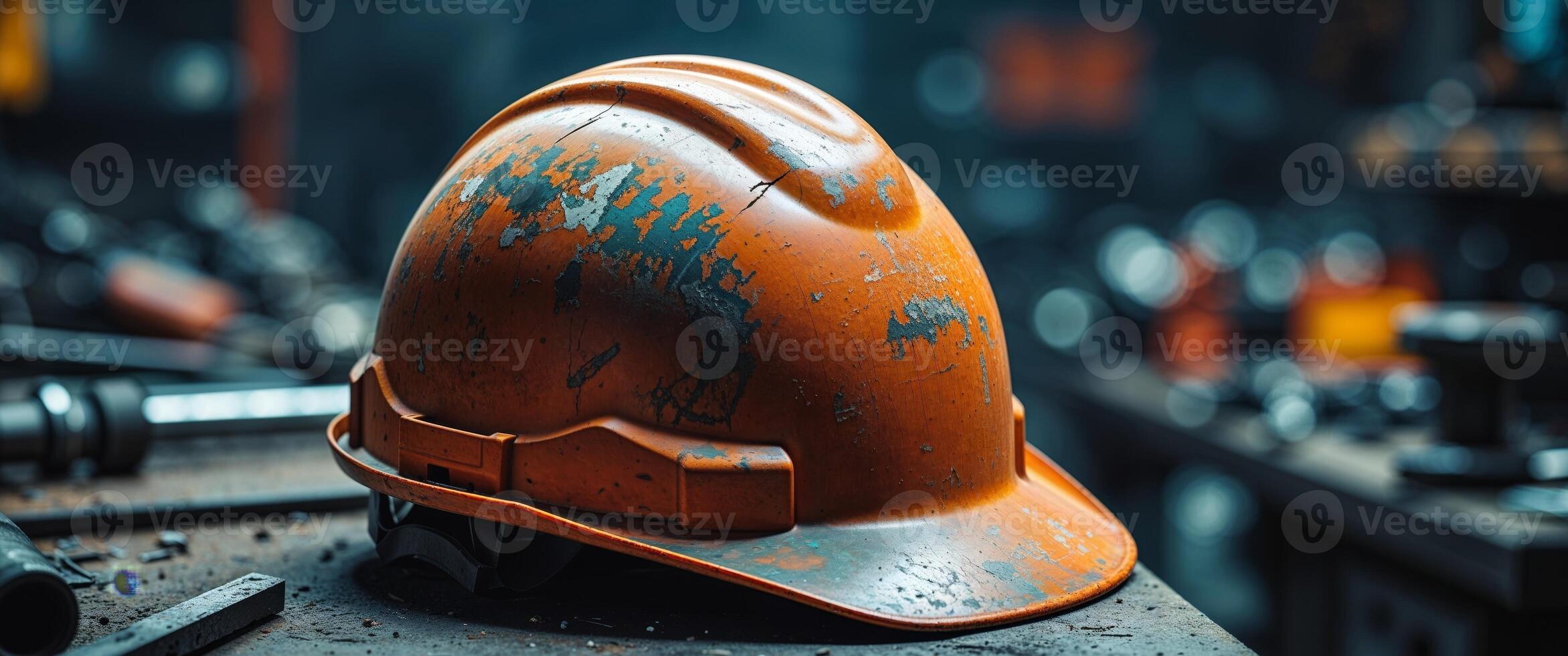 Worn orange hard hat resting on a workbench in a workshop setting photo