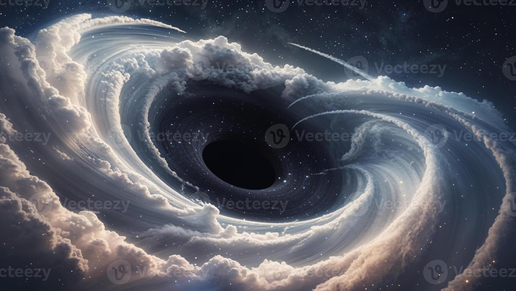 cosmic vortex featuring black hole surrounded by swirling energy and light in dark starry expanse photo