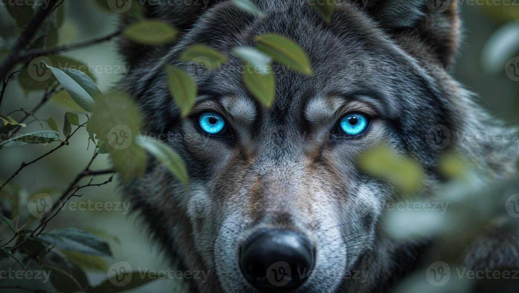 Dire wolf close up of a wolf's face with striking blue eyes peering through the surrounding foliage photo