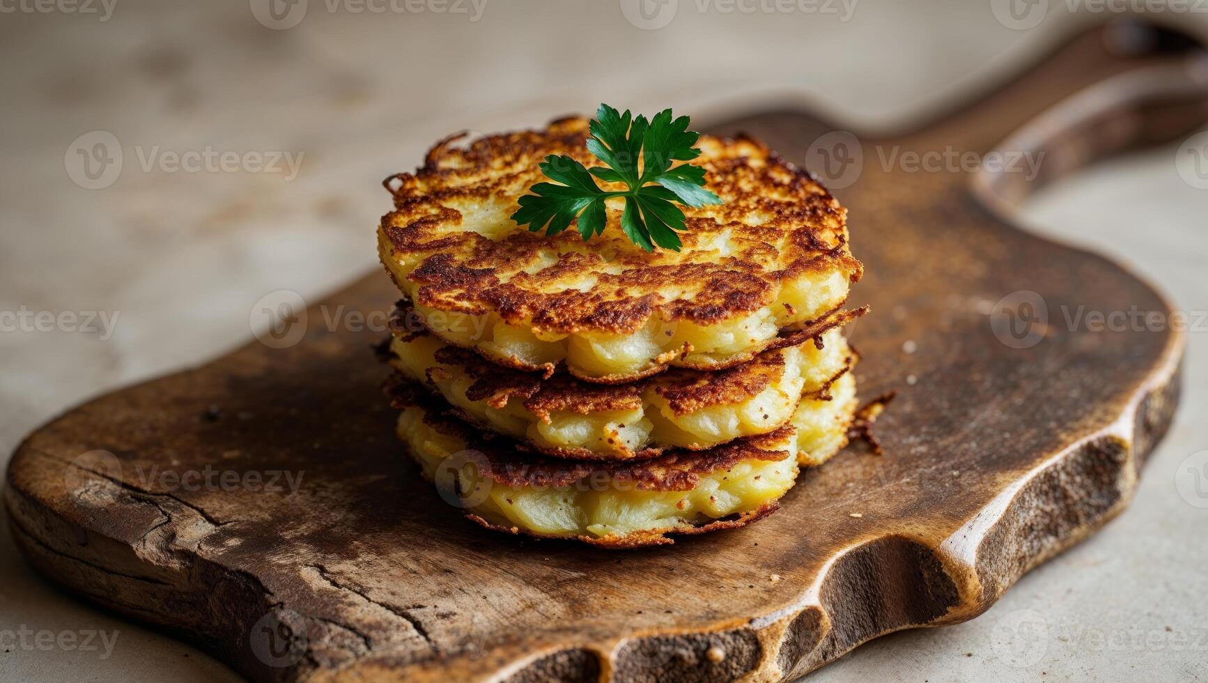 stack of golden pan fried potato cakes sit on rustic wooden board garnished with sprig of parsley photo