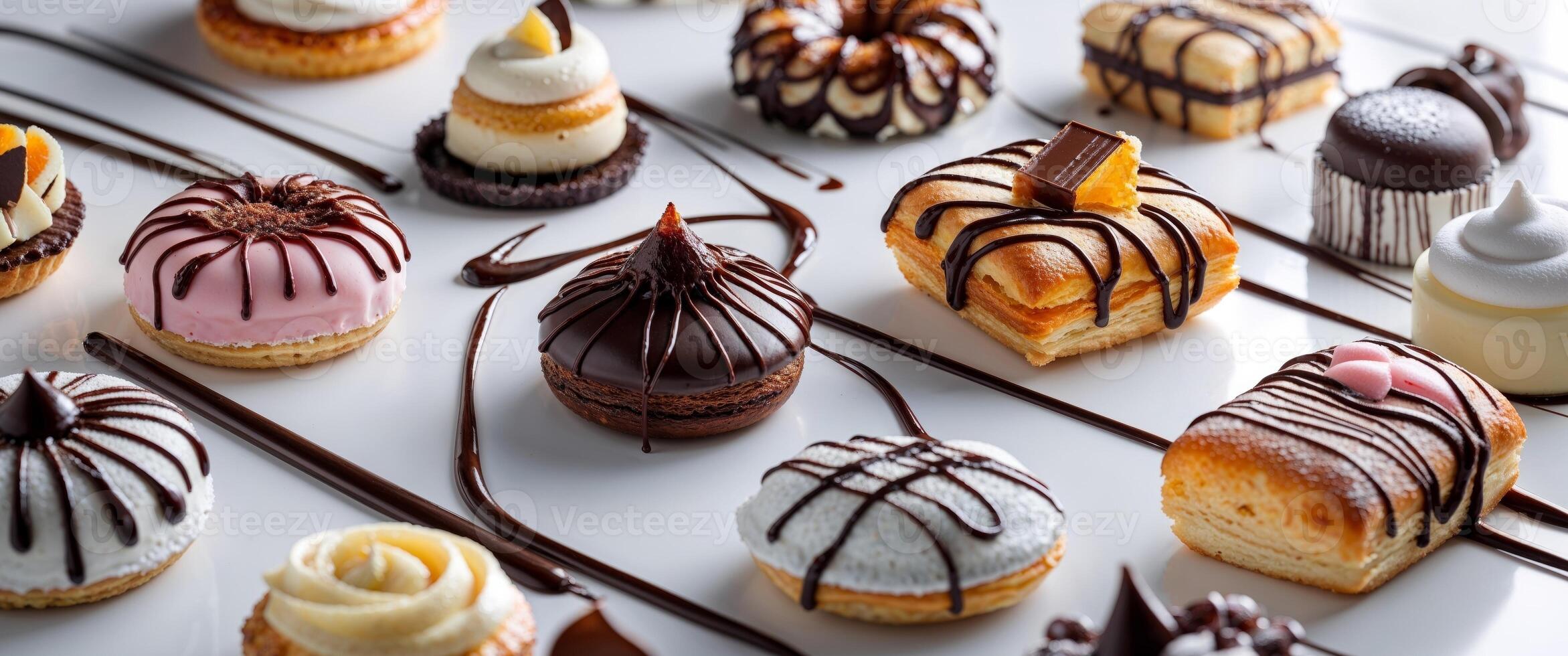 Delicious pastries arranged on a white surface with chocolate drizzle photo