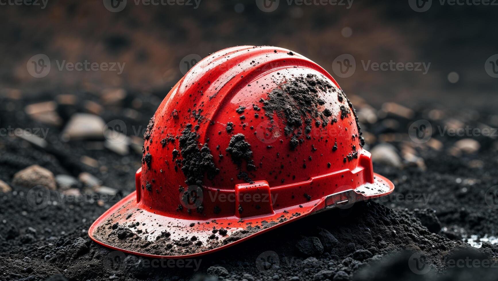 Mud splattered red hard hat rests on dark soil ground symbol of labor construction industry photo