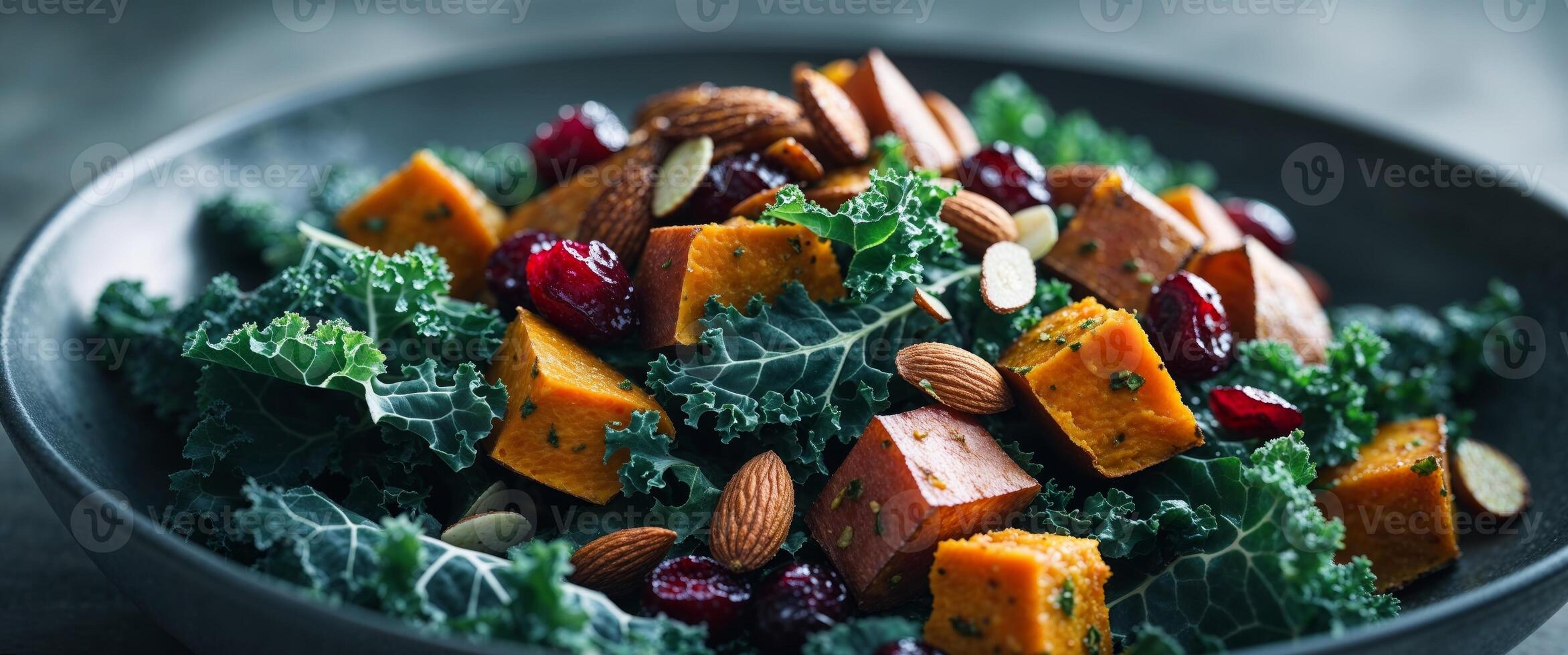 Immunity boosting kale sweet potato salad with turmeric infused dressing almonds and cranberries. photo