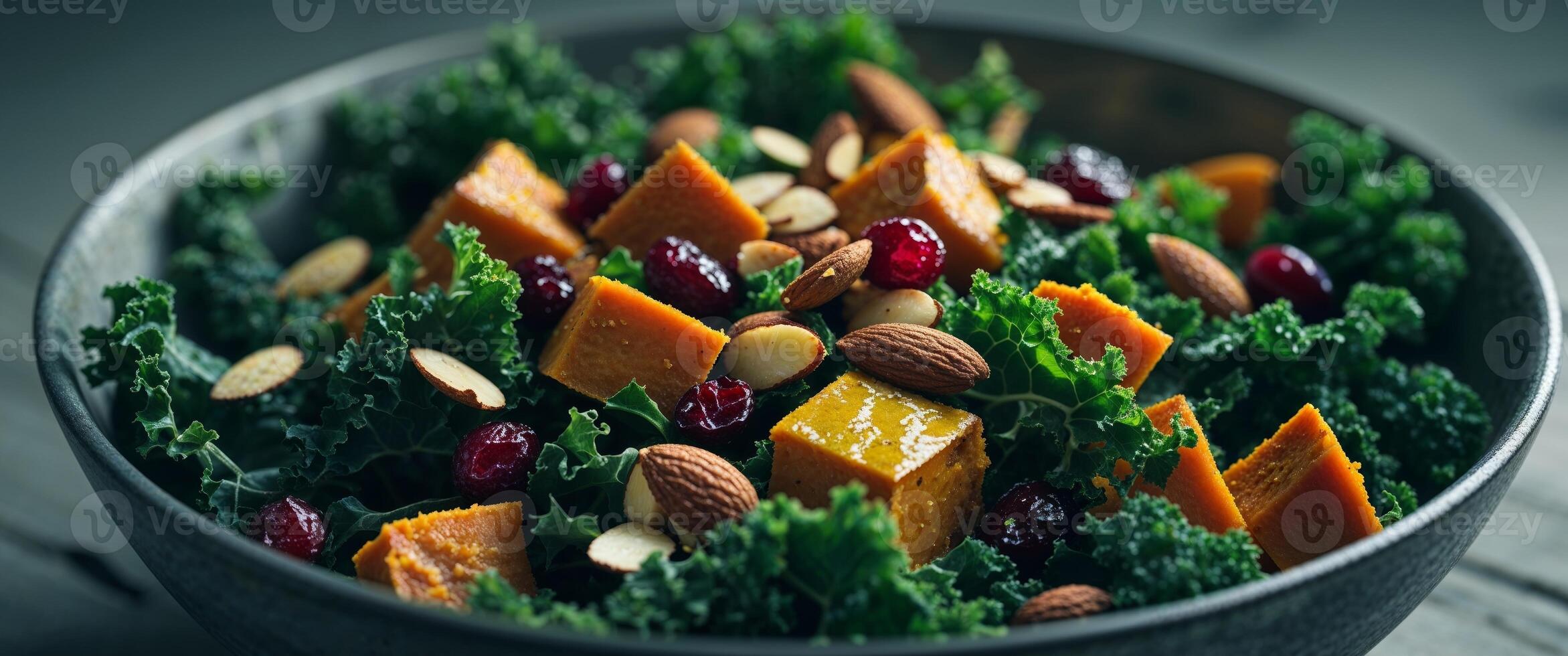 A bowl of kale salad with cranberries and almonds photo
