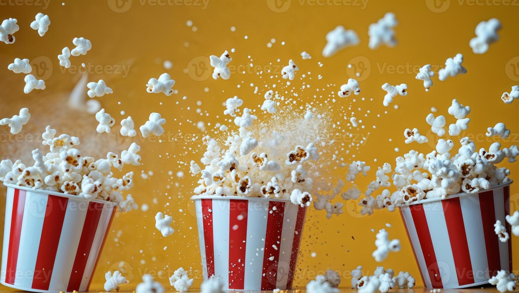Three red and white striped popcorn buckets with popcorn flying out photo