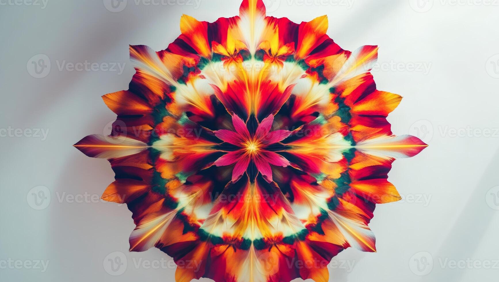 A colorful flower is displayed on a wall photo