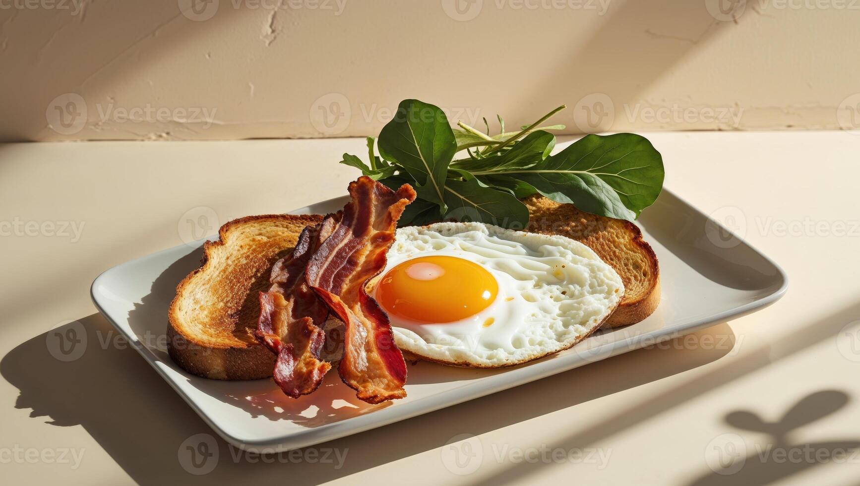 Delicious sunny side up egg breakfast plate with crispy bacon toasted bread and fresh greens in warm photo
