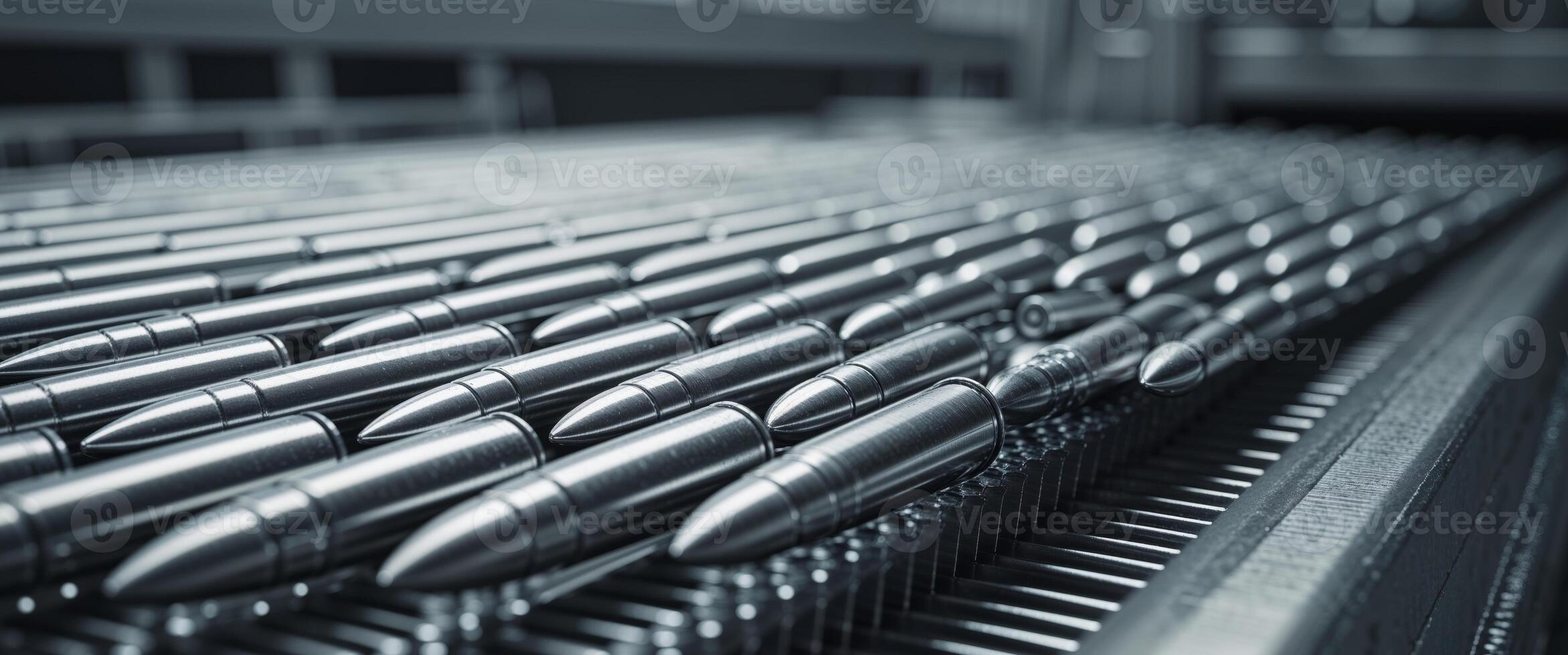 Close up of ammunition production showcasing rows of bullets in a modern war industry setting with ample copy space. photo