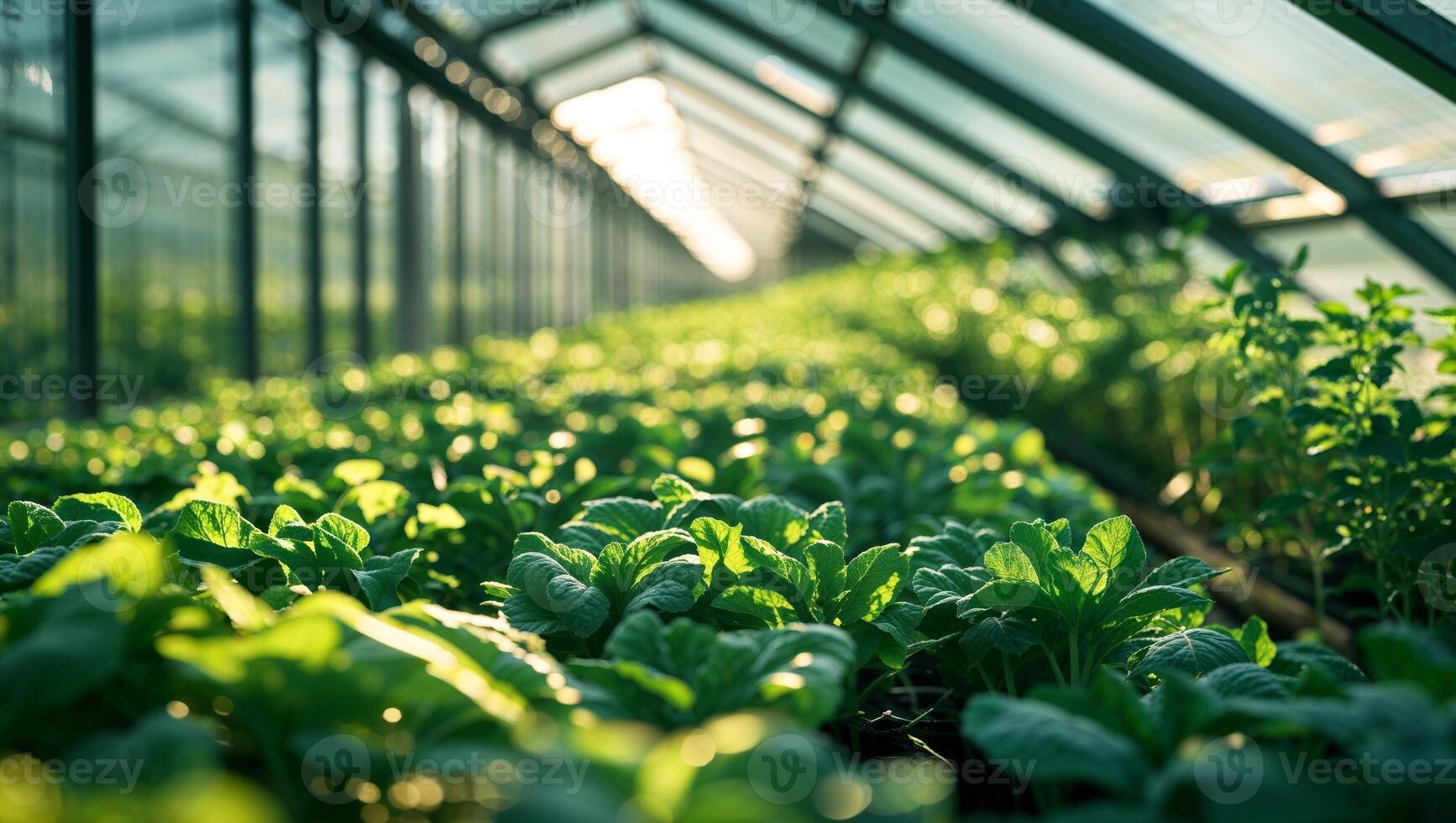 Lush Green Crops Cultivated Inside a Modern Greenhouse with Natural Sunlight photo