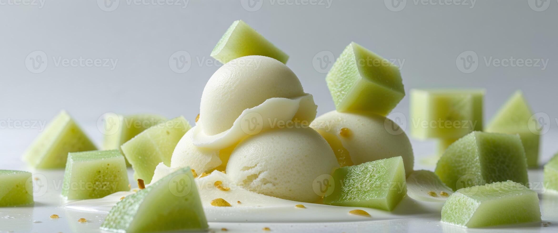 Delight Your Senses with Honeydew Melon Sorbet Featuring Visible Melon Chunks for Refreshing Summer Indulgence. photo