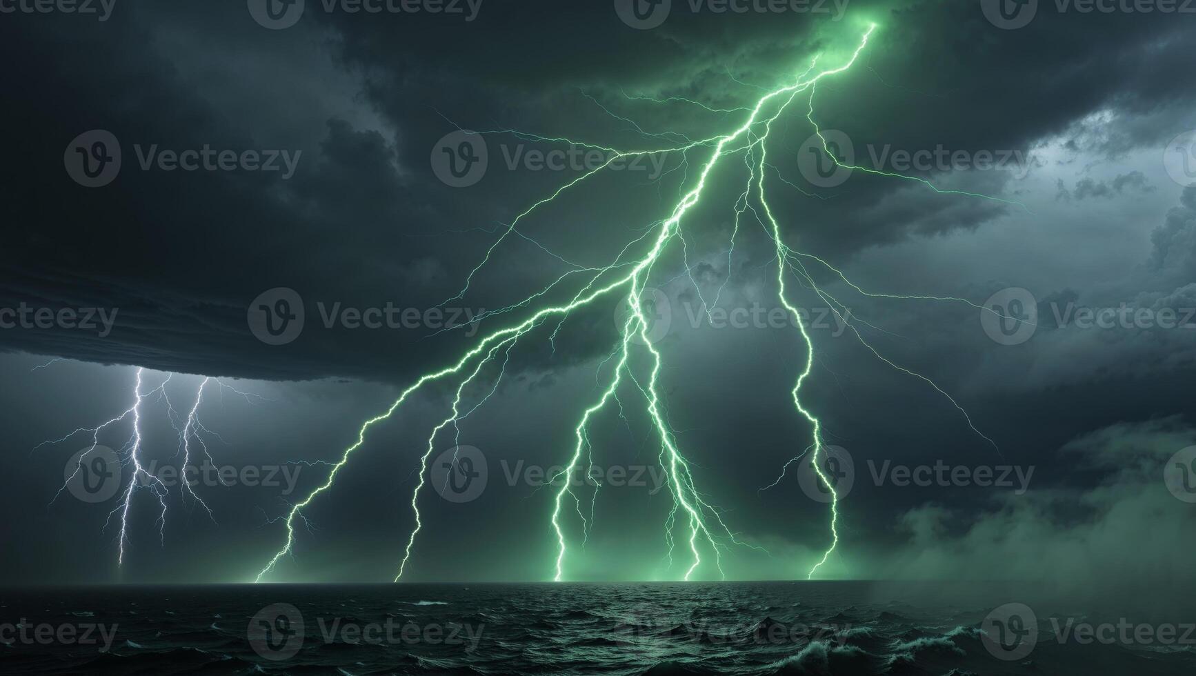 Lightning over the ocean with green lightning photo