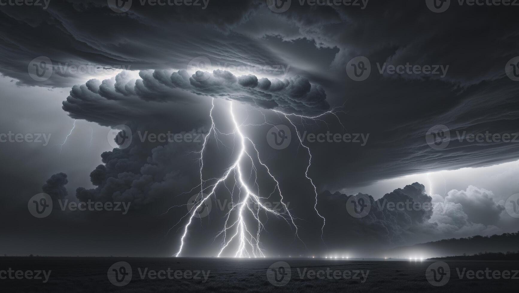 A lightning bolt strikes through the clouds in this black and white photo