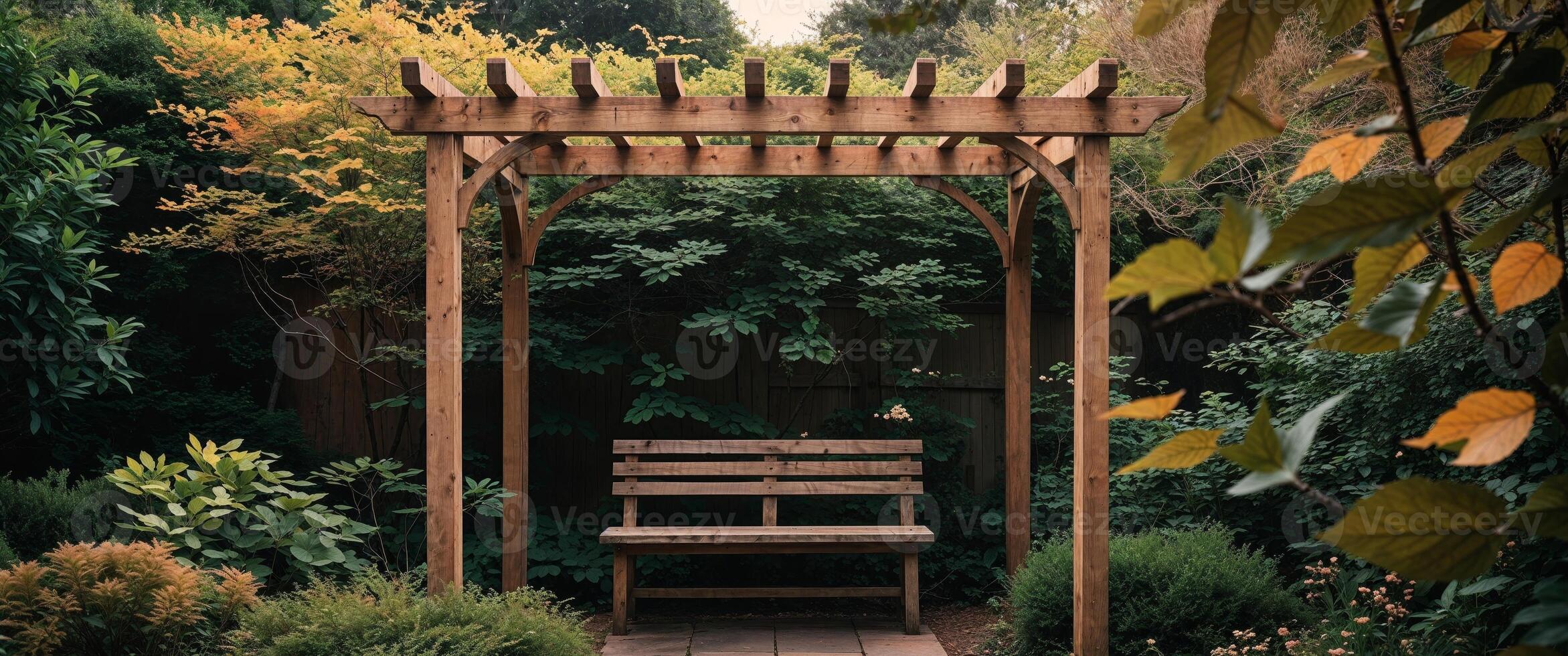 A wooden bench sits under a pergola in a garden photo