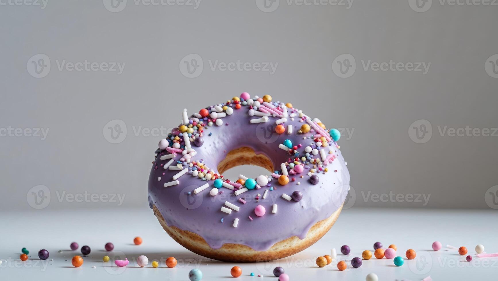A purple donut with sprinkles on top of a white surface photo