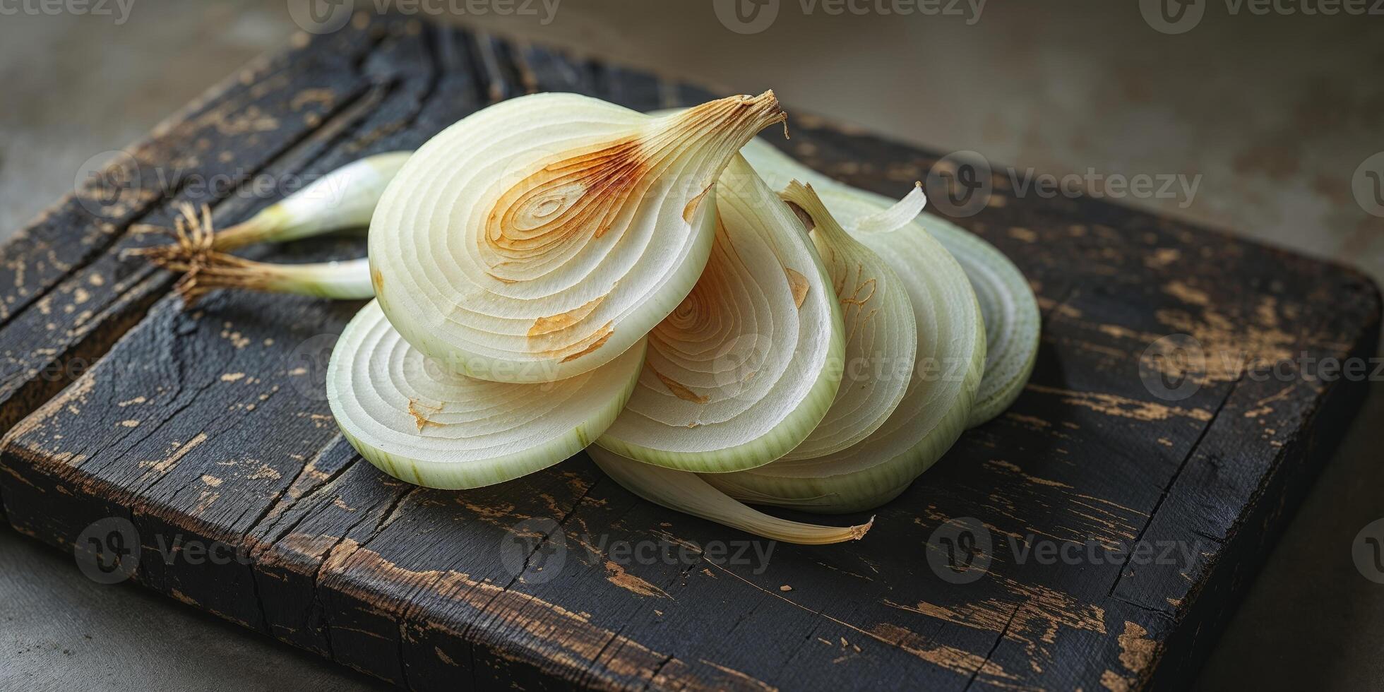 Sliced fresh onions resting on rustic wooden cutting board photo
