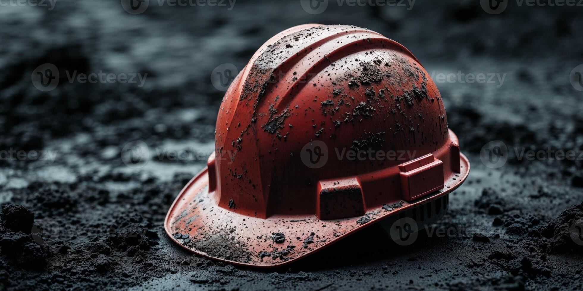 Muddy red hard hat rests on dark ground Symbol of hard work and construction photo