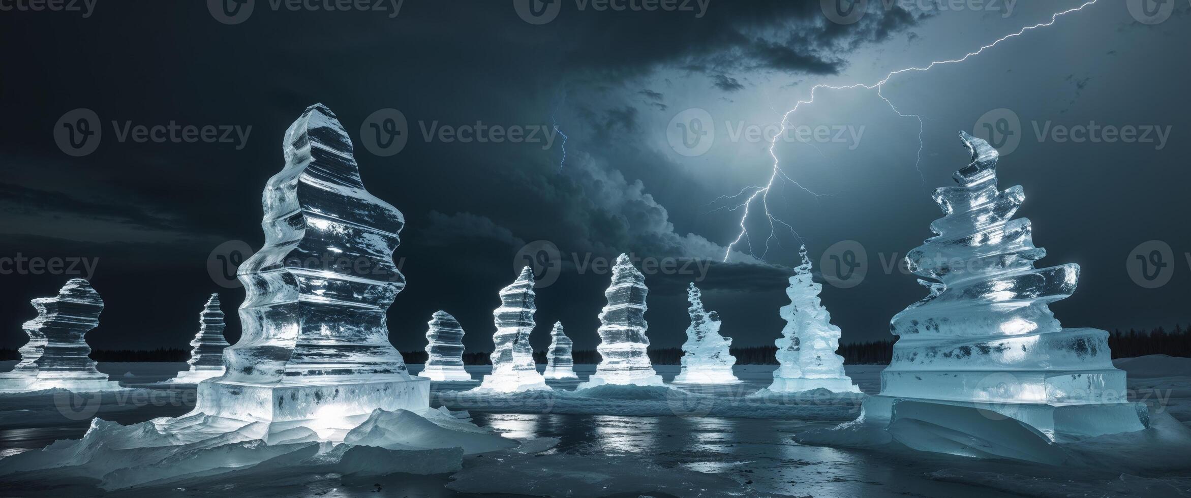 Ice Sculptures Illuminated During Thunderstorm. photo