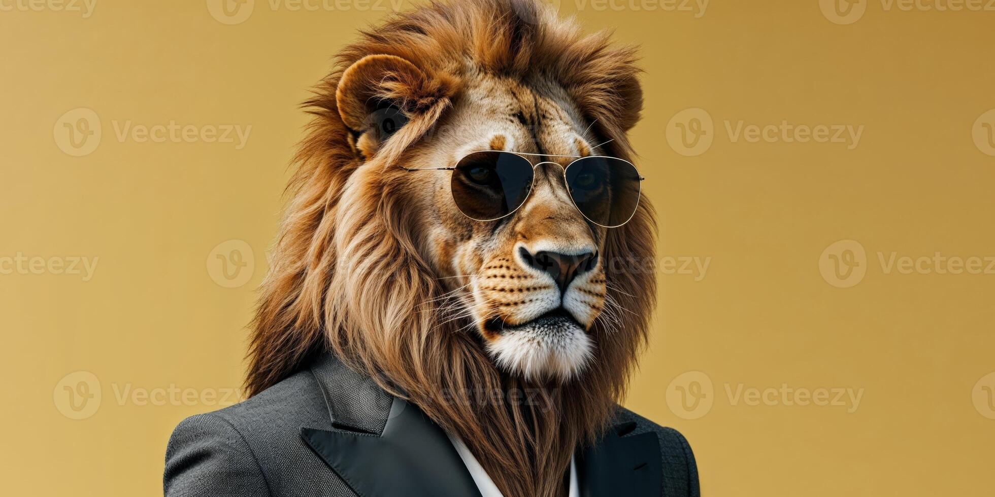 Stylish lion in suit and sunglasses on yellow background photo