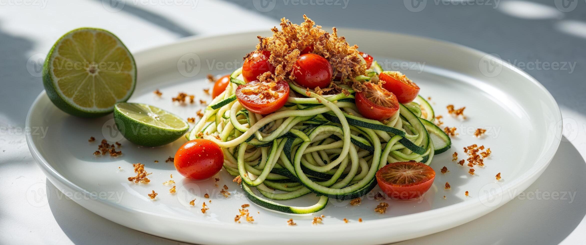 Delicious and Fresh Zucchini Noodles with Cherry Tomatoes and Crunchy Topping served on a White Plate with a Lime Slice on the Side photo