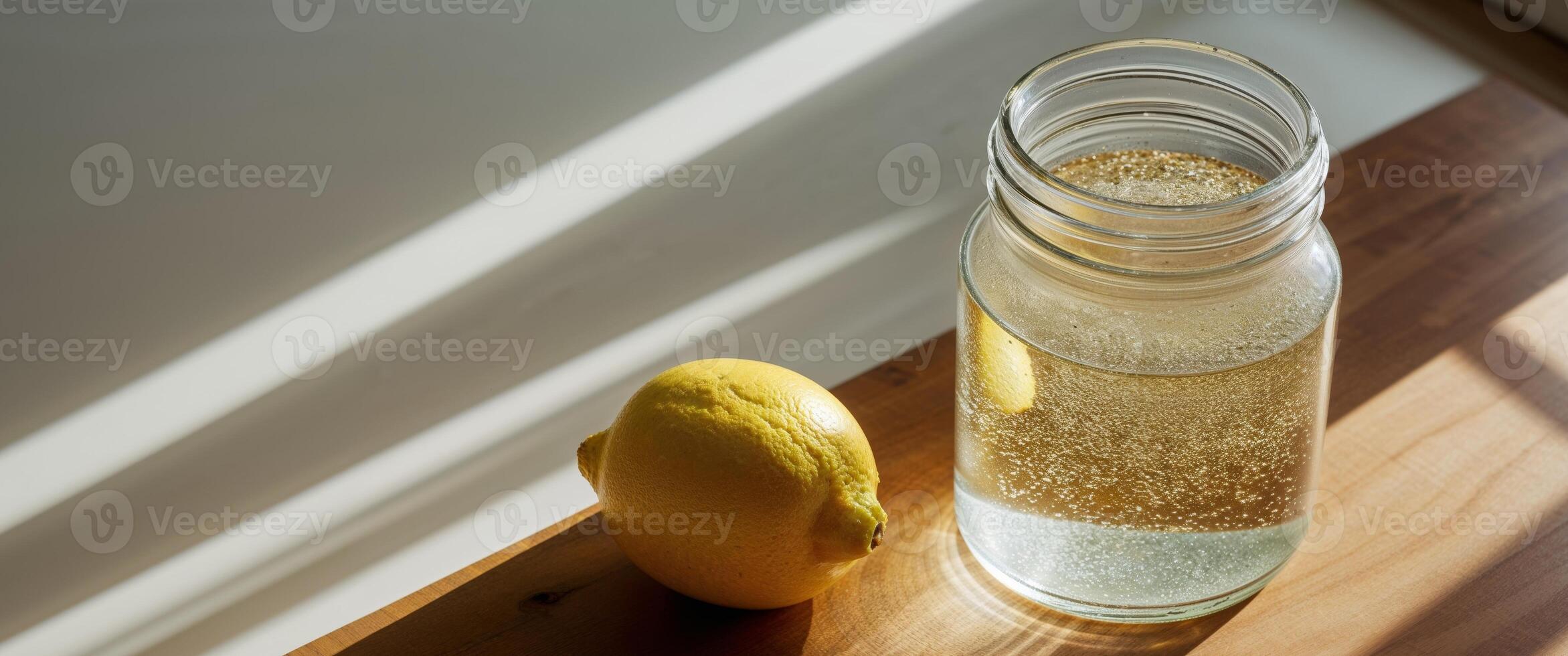 Glass jar filled with liquid next to halved lemon on a wooden surface near window. photo