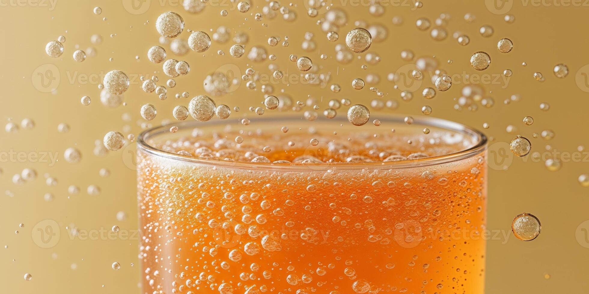 Effervescent Orange Drink In Clear Glass With Bubbles On Solid Yellow Backdrop Macro View photo