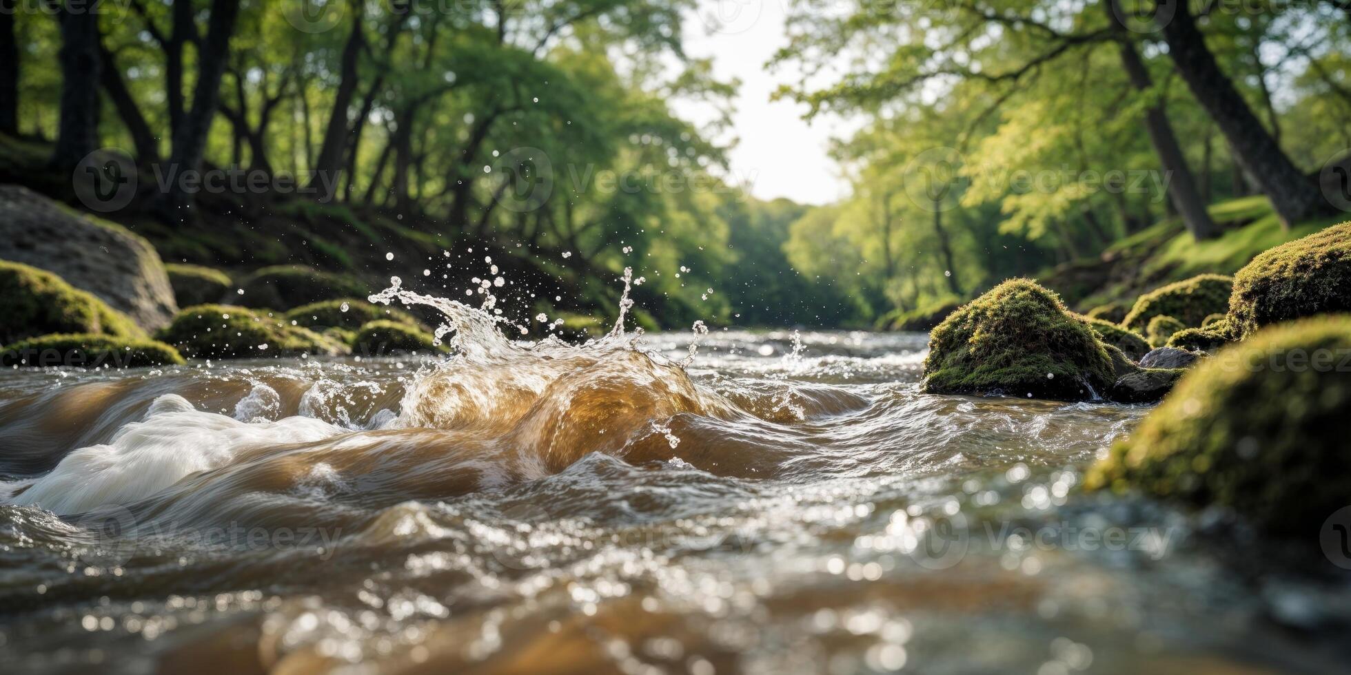Splashing Brown River Water Flowing Through Rocks and Green Trees During Daytime photo
