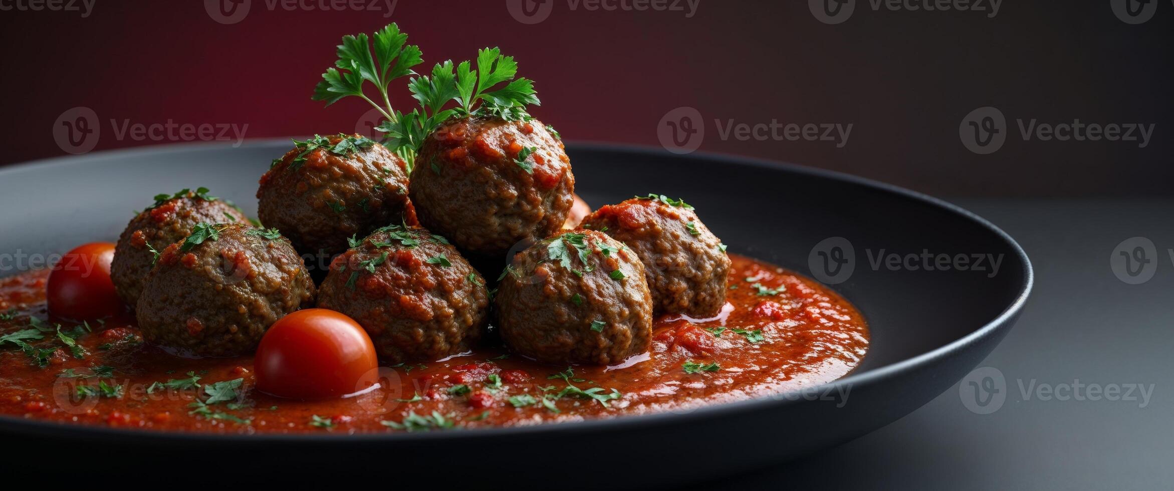 Delicious meatballs in tomato sauce served on a black plate with fresh parsley and tomatoes on a dark background. photo