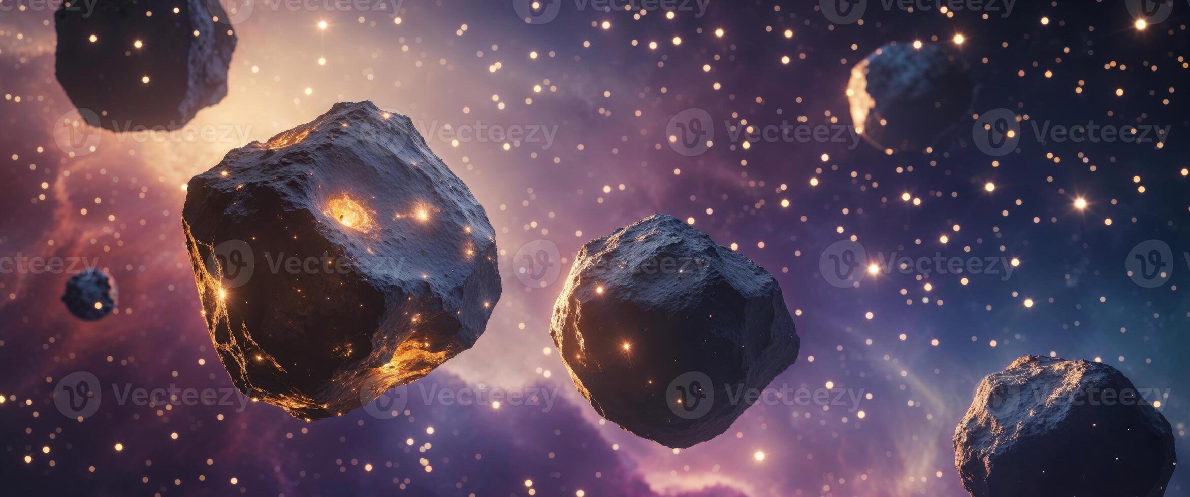 Dramatic asteroids floating in a cosmic nebula with bright stars and deep space exploration concept and golden light photo