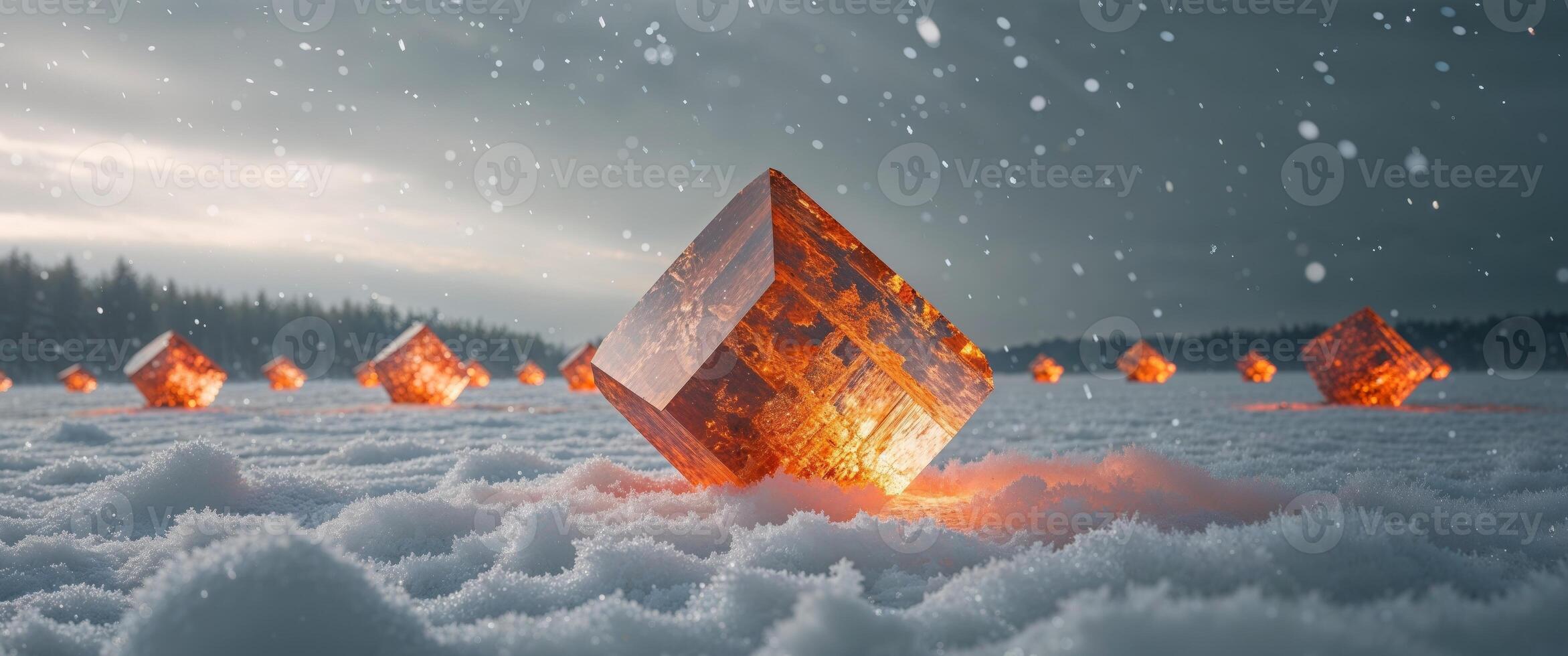 Fiery crystalline cubes on snowy landscape. photo