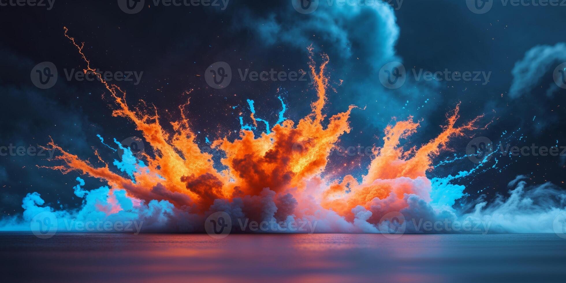 Dramatic Splash of Blue and Orange Energy on a Dark Cosmic Backdrop photo