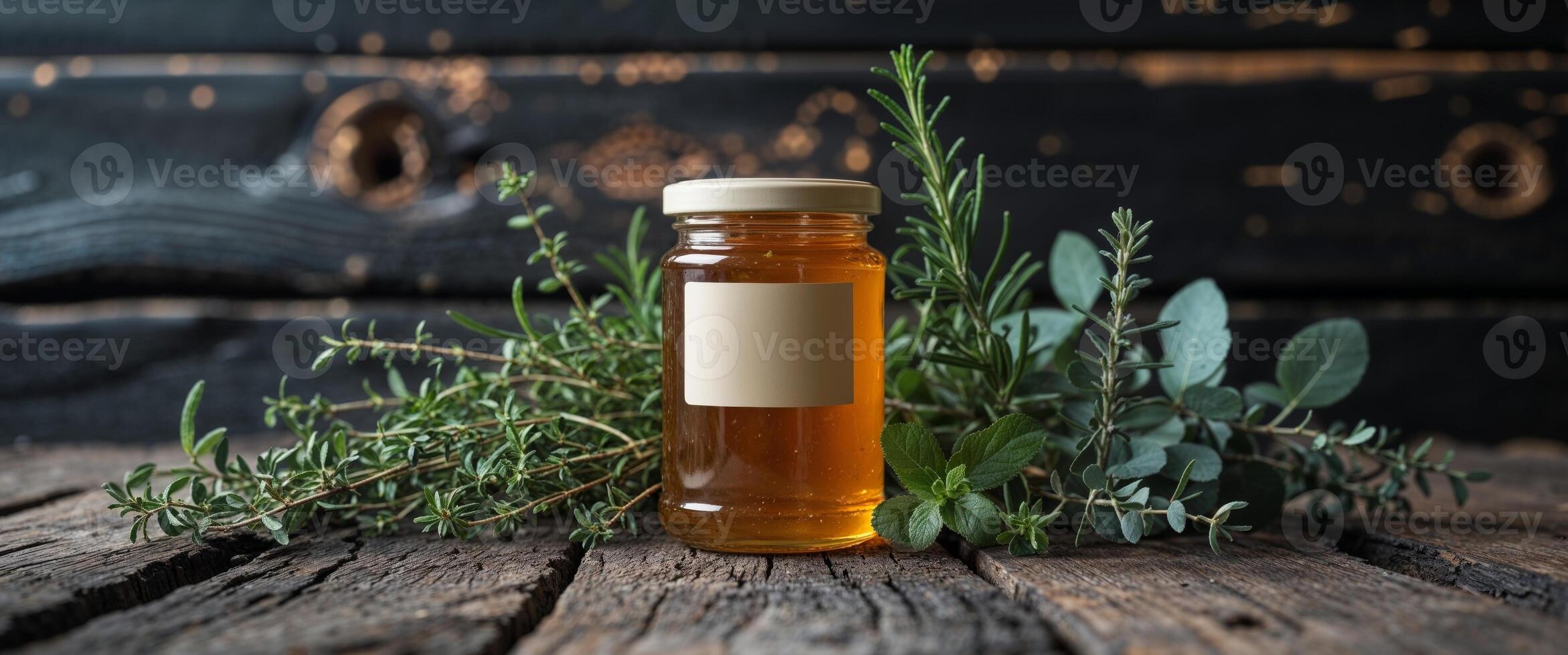 Glass jar of golden honey with blank label surrounded by fresh green herbs on dark rustic background. photo