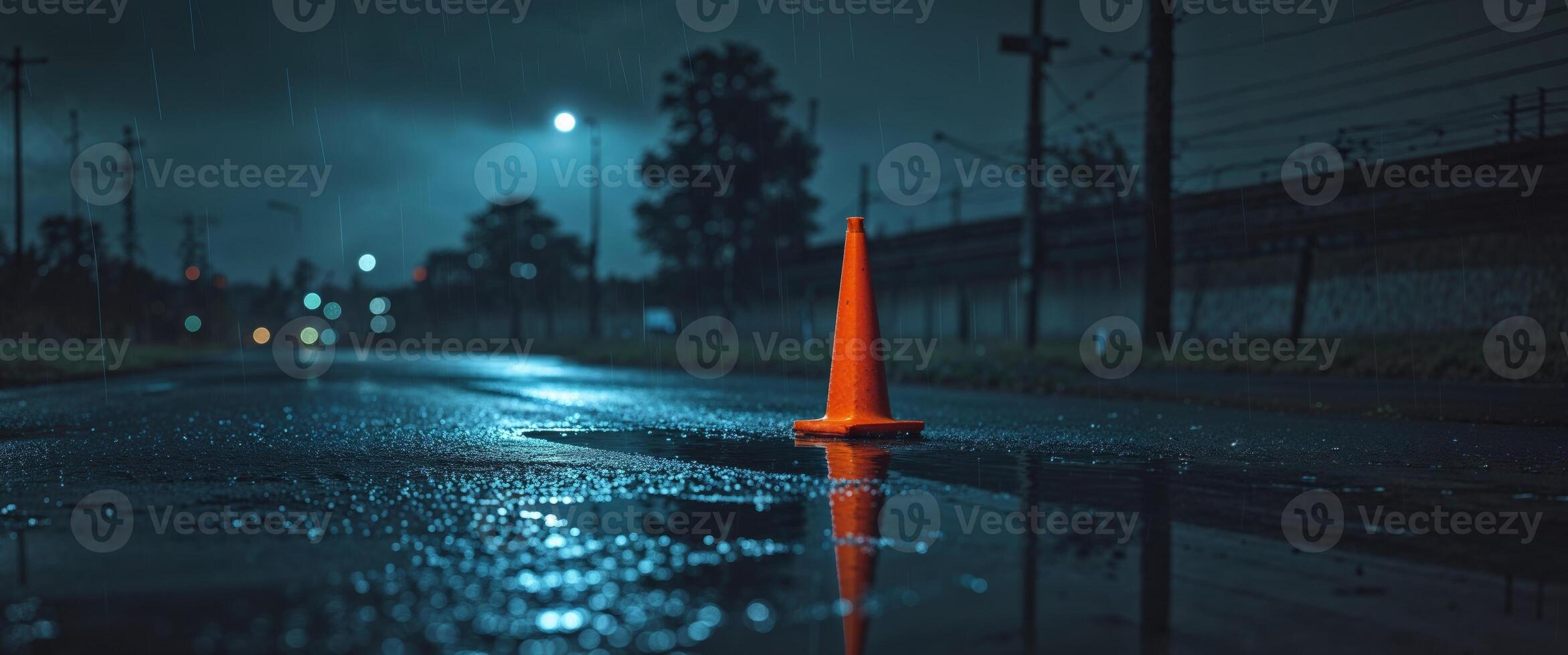 A night scene showing wet road and traffic cone. photo