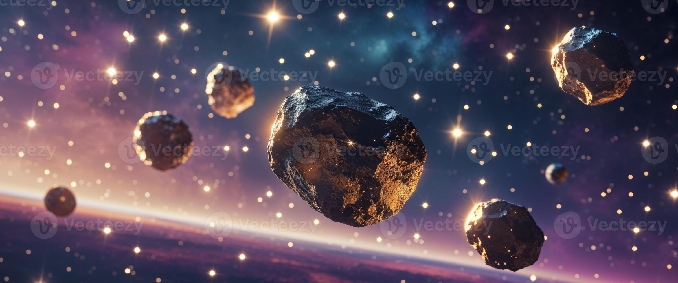 Dramatic asteroids floating in a cosmic nebula with bright stars and deep space exploration concept and golden light. photo